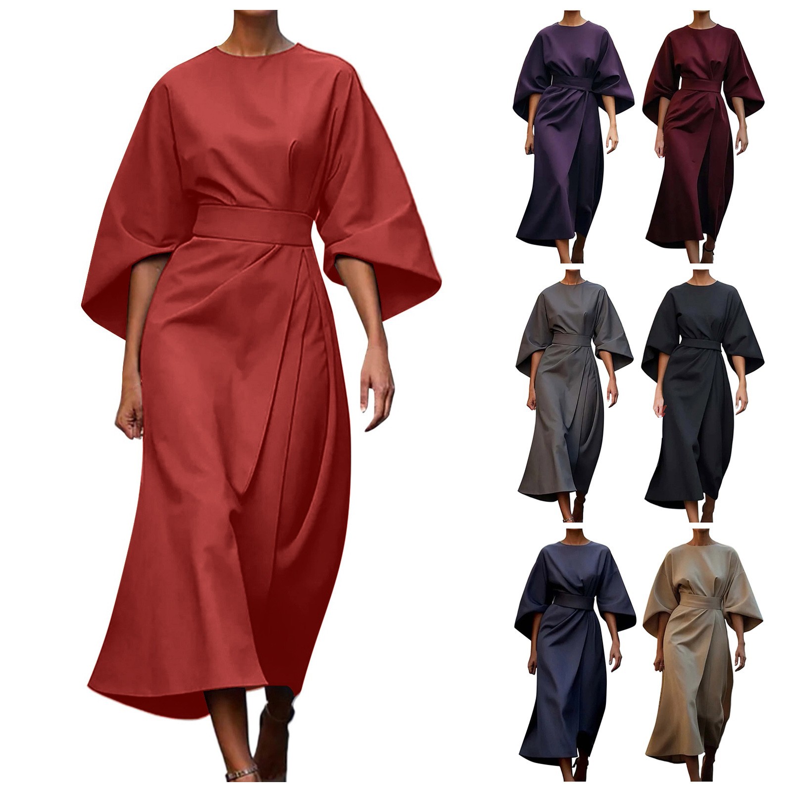 thumbnail image 3 of 2025 Vestido elegante de color liso para mujer con cintura alta, mangas murciélago, estilo informal, mezcla de poliéster, vestido de fiesta para todas las estaciones, 3 of 5